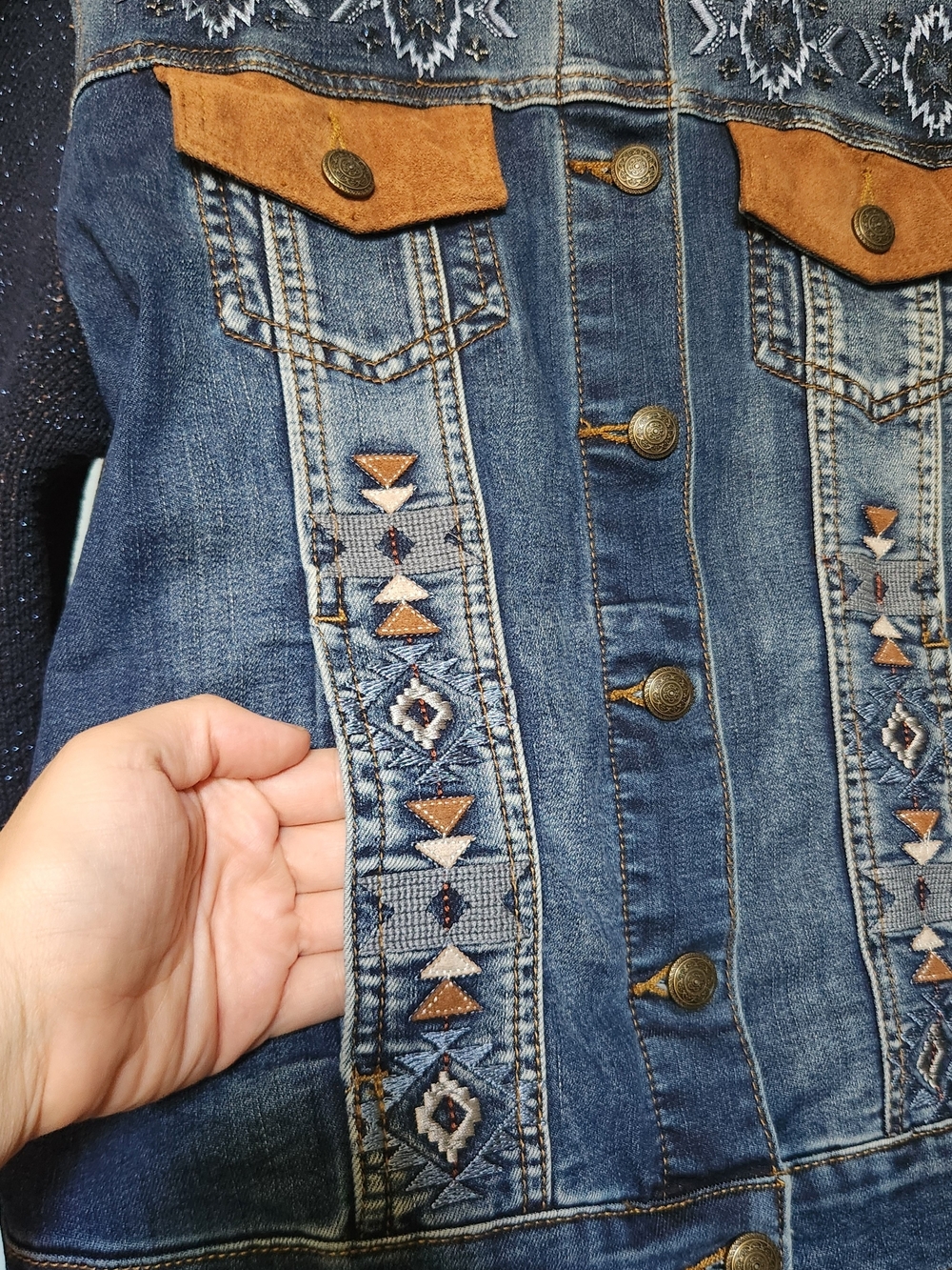 Reba Denim Jacket with Knit Sleeves - Blue & Brown - Picture 2 of 5